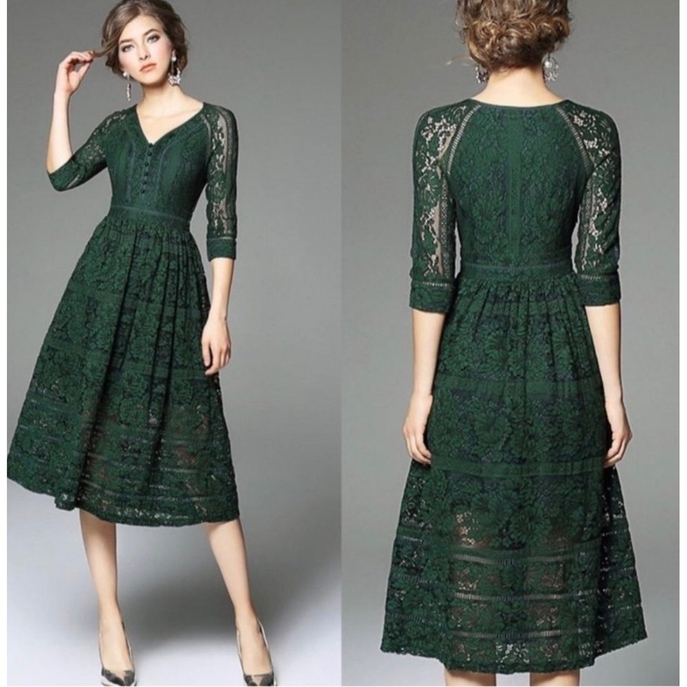 Metisu Lace Midi Dress Womens S Green V-Neck 3/4 Sleeve Fit & Flare Excellent